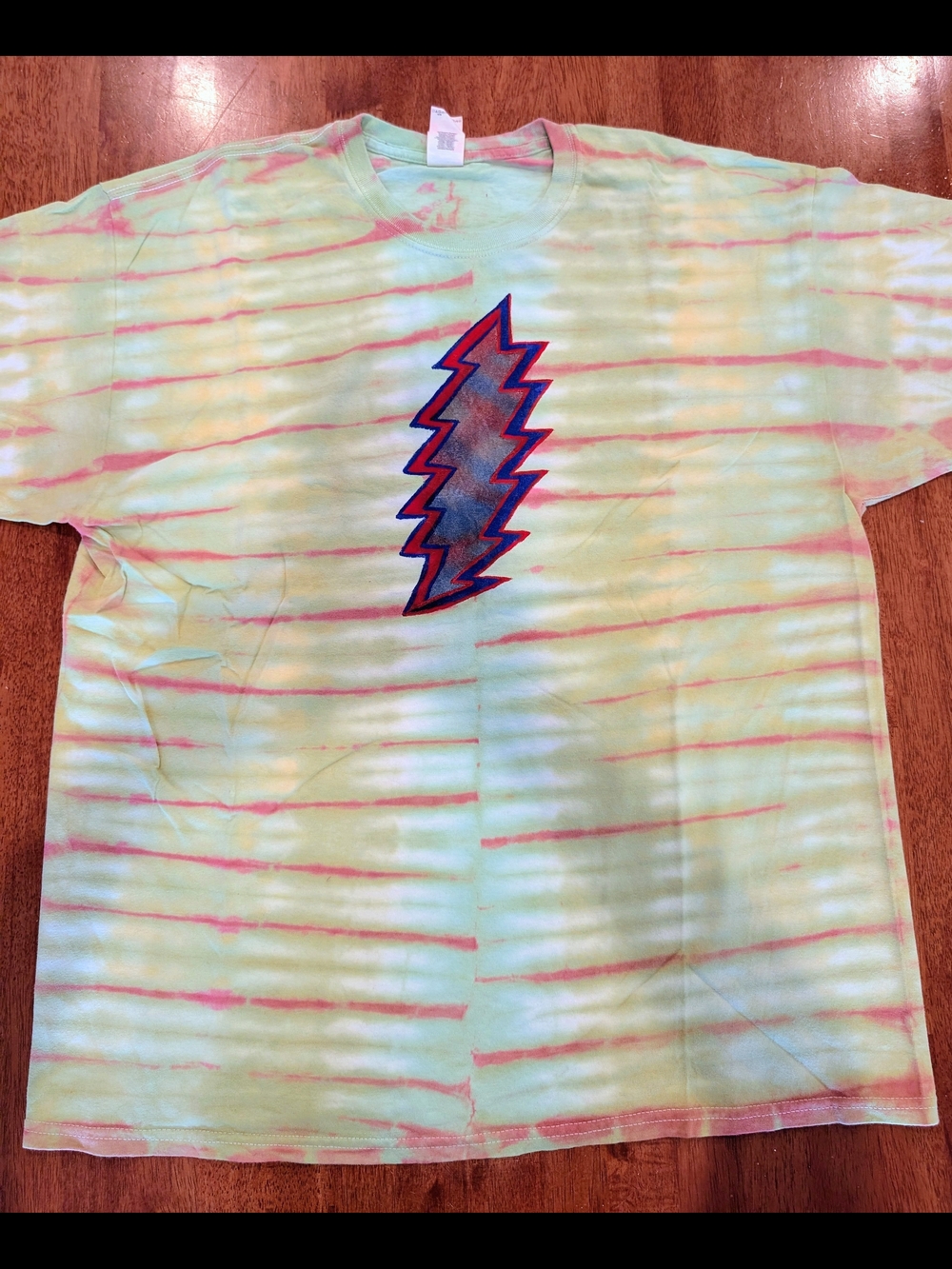 Grateful Dead Inspired Tie-Dye Lightning Bolt Men's XL T-Shirt - Lime G And Red